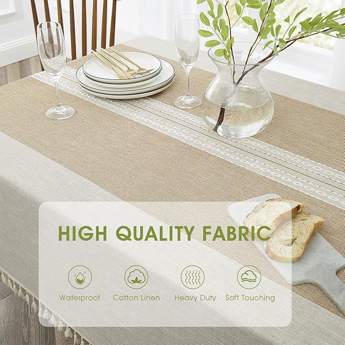 QIANQUHUI Embroidered Tablecloth for Dining Table,Dust Proof Spillproof Soil Resistant Cotton Linen Rectangle Table Cloths (Coffee, Rectangle/Oblong, 55'x120'', 10-12 Seats)