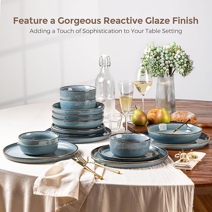 GBHOME 16 Pieces Double Bowls Ceramic Dinnerware Sets for 4, Stoneware Plates and Bowls Set with Reactive Glaze, Scratch Resistant Stoneware Dishes Set, Dishwasher & Microwave Safe