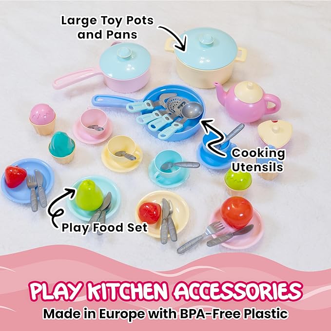 uToyz Kids Play Kitchen Toys – 49pcs Pretend Play Kitchen Accessories with Cooking Toys, Large Kids Pots and Pans Playset, Toy Dishes for Toddler Cooking Set, Pretend Pots and Pans for Ages 3+