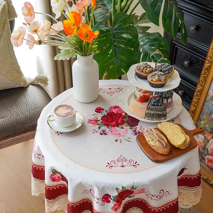 SUTAVIA Round Table Cloth with Embroidered Lace Farmhouse TableCover Classic Antique Flower Decor Macrame Tablecloth for Home Holiday Garden Coffee Small Table(Burgundy, 45 inch Round)