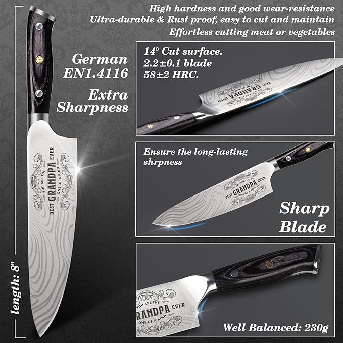 Best Grandpa Ever Gifts for Men Grandpa, Valentines Day for Grandpa Papa Gifts, 8 Inch German Professional Chef Knife, Men Grandpa Birthday Presents, Kitchen Cooking Knife Gift Set