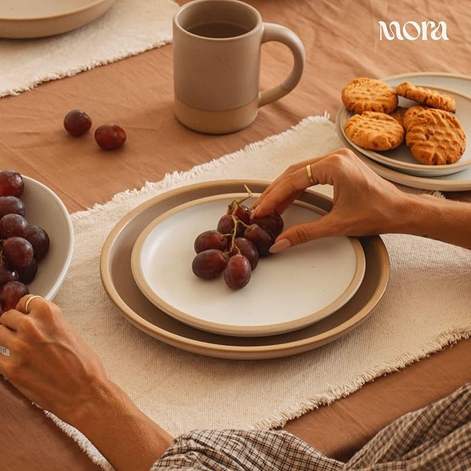 MORA Medium Plates Set of 4, 8.5 inch Ceramic Pottery Salad Plates - Microwave, Oven and Dishwasher Safe - Oat
