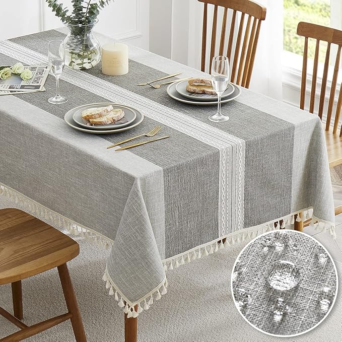 QIANQUHUI Embroidered Tablecloth for Dining Table,Dust Proof Spillproof Soil Resistant Cotton Linen Rectangle Table Cloths (Grey Lines, Rectangle/Oblong, 55'x86'', 6-8 Seats)