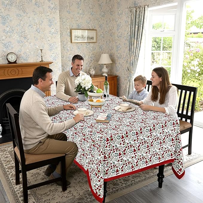Ridhi Hand Block Print Garnet Red Rectangle Cotton Tablecloth 160" x 72" Reusable Table Cover Decorative Everyday Use for Dining, Farmhouse, Home Gift for Spring, Easter, Valentine