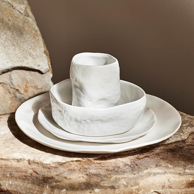 Stone by Mercer Project Atik Modern Stoneware 16-Piece Dinnerware Set, Plate and Bowl Set, Dish set for 4, White