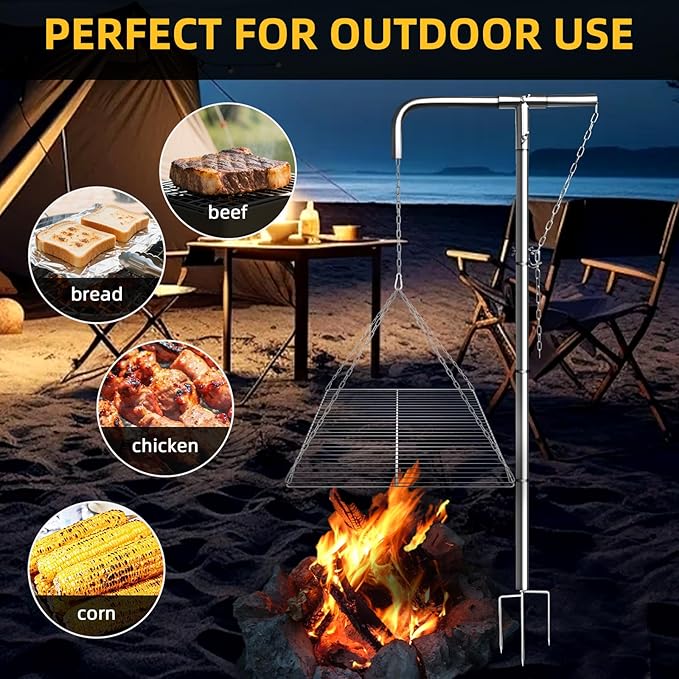 Tripod Campfire Grill with Adjustable Hanging Grate, 360° Rotating Fire Pit Grill System, Heavy Duty Stainless Steel Outdoor Cooking Stand for Camping & Backyard