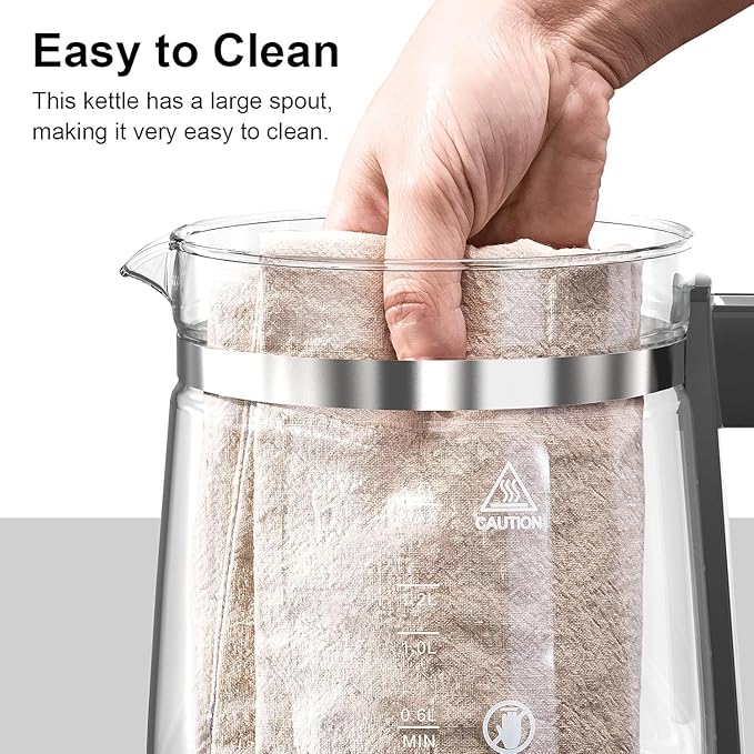1200w Electric Kettle, 1.5L Borosilicate Glass tea kettle, Hot water kettle electric for Coffee or Tea, BPA Free, Auto Shut-Off, Stainless Steel, Fast Boil, Black