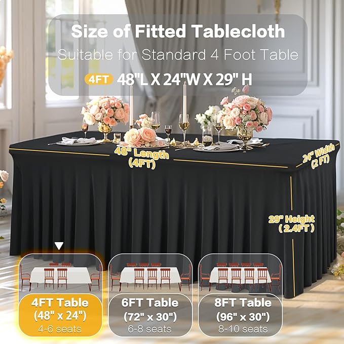 2 Packs Black Spandex Table Covers 4 Foot, Fitted Stretch Table Cloth with Skirts 48x24 Inch, Wrinkle-Free Floor Length Rectangle Tablecloths for Trade Show Weddings Parties Banquets Events