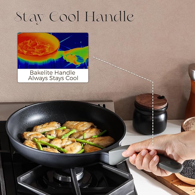 PRICUSIS Nonstick Frying Pan, 8/10/12 Inch Skillet with Stay Cool Handle, Fully Coated, Induction Compatible & Oven Safe, 100% Dishwasher Safe, PTFE & PFOA Free（8 Inch, Black Sesame）