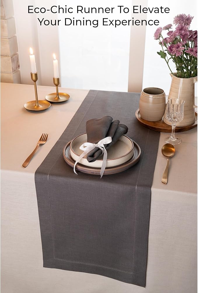 D'Moksha Homes Linen Charcoal Grey Table Runner 90 Inches Long - Classic Hemstitch 100% Pure Linen Dining Table Runner 14 x 90 Inch for Spring, Easter
