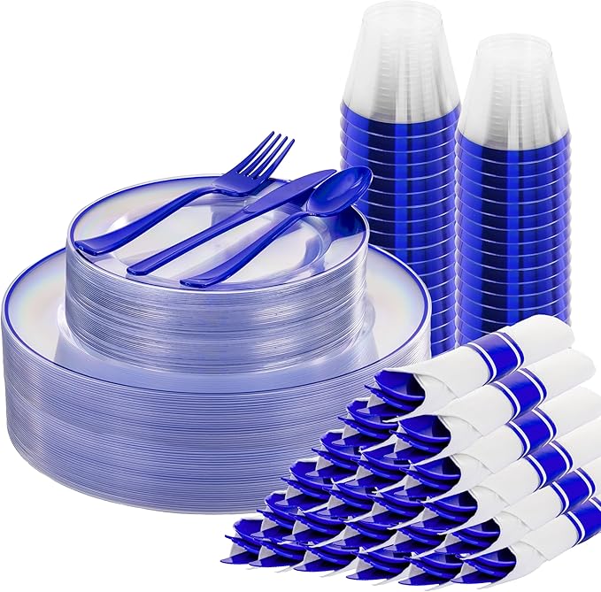 SUT 175 Pcs Blue and Clear Plastic Dinnerware Set for 25 Guests, Include: 25 Dinner Plates, 25 Dessert Plates, 25 Pre Rolled Napkins With Silverware, 25 Cups, Disposable Plates for Party, Wedding
