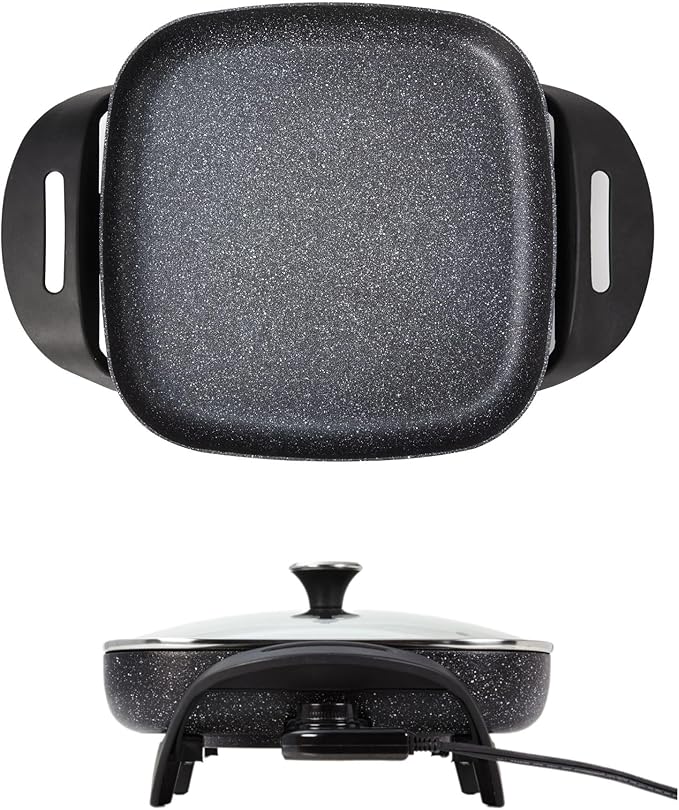 Starfrit The Rock Electric Skillet - 12" x 12" - Rock.Tec Non-Stick Cooking Surface - Tempered Glass Lid - 1200W