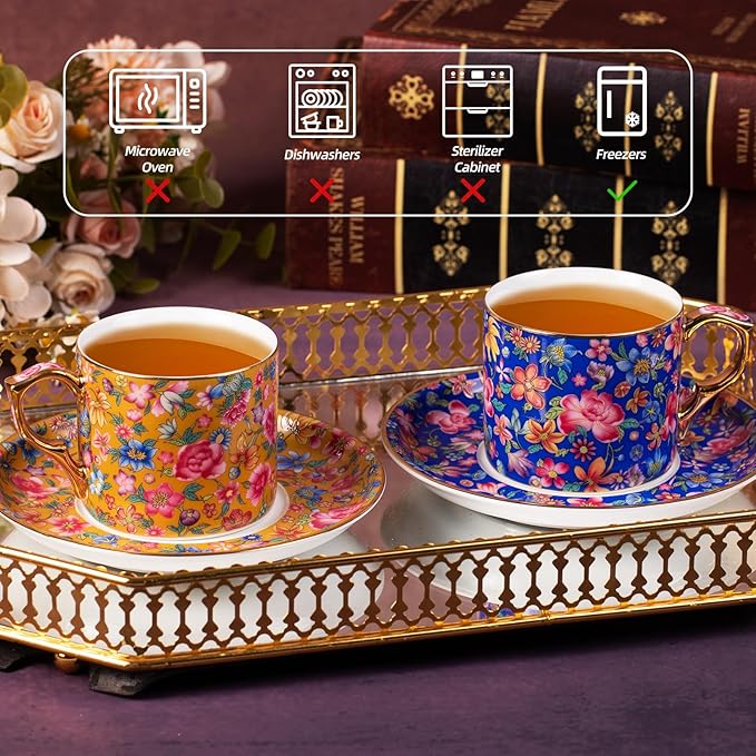 KAMMAK Tea Cups and Saucers Set of 2, Ceramic Coffee Cup with Saucer for Espresso, Cappuccino, 7oz Vintage Yellow and Blue Floral Porcelain Novelty Mug for Home, Tea Party, Office