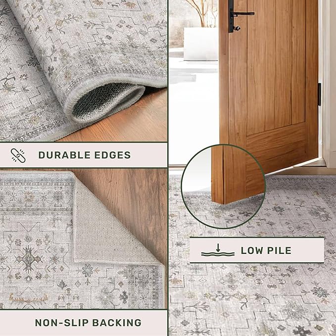 Floral 3x8 Wide Hallway Runner - Light Gray with Taupe Accent, Boho Eclectic Decor, Washable Low Pile Non Slip Stain Resistant Rug for Long Kitchen, Large Bathroom, Hall Way