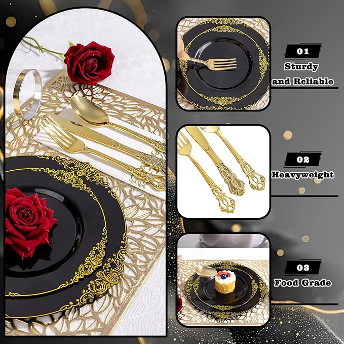 YOUBET 700PCS Black Plastic Plates - Black and Gold Plates - Gold Plastic Dinnerware Set Include 200 Disposable Plate, 300 Heavy Duty Silverware, 100 Cups, 100 Napkins for Wedding & Party