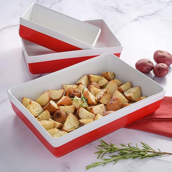 MARTHA STEWART 3-Piece Oven to Table Stoneware Bakeware Set – Baking Dish & Casserole Set – Red – Durable Oven-Safe Bakeware for Baking and Serving