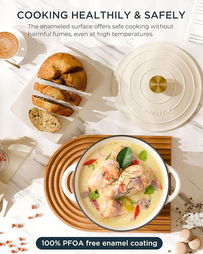 Enameled Cast Iron Dutch Oven - 4.5QT Pot with Lid & Cotton Potholders - Heavy-Duty Cookware for Braising, Stews, Roasting, Bread Baking, Oven Safe up to 500° F & Across All Cooktops, Cream White