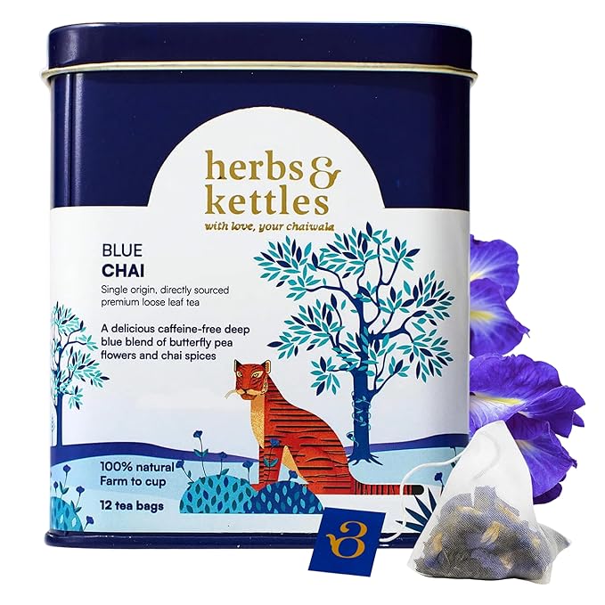Herbs & Kettles Blue Chai – Caffeine-Free Herbal Chai Blend with Butterfly Pea Flower from India & Southeast Asia | Polyphenol-Rich Spices, Natural Vibrant Color | 12 Compostable Tea Bags