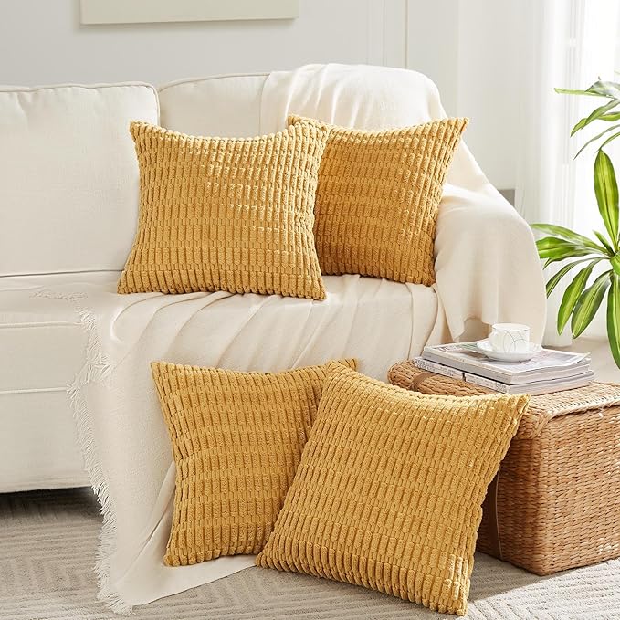 Fancy Homi 4 Packs Mustard Yellow Decorative Throw Pillow Covers 24x24 Inch for Living Room Couch Bed Sofa, Rustic Farmhouse Boho Home Decor, Soft Plush Striped Corduroy Square Cushion Case 60x60 cm