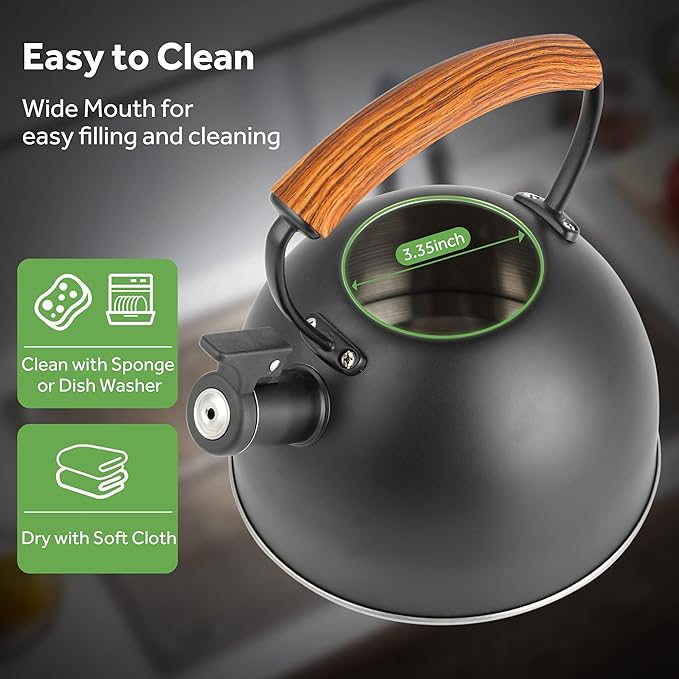 YSSOA Whistling Stovetop Tea Kettle, 3.2 Quart Stainless Steel Teapot with Cool Touch Ergonomic Handle, Hot Water Fast to Boil, Black