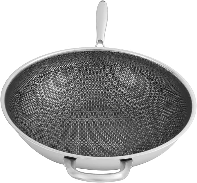 14 Inch Wok Pan with lid, Food-Grade Stainless Steel Woks & Stir-fry Pans Nonstick, Dishwasher and Oven Safe, Cooking Pan Compatible with Gas & Induction Cooker