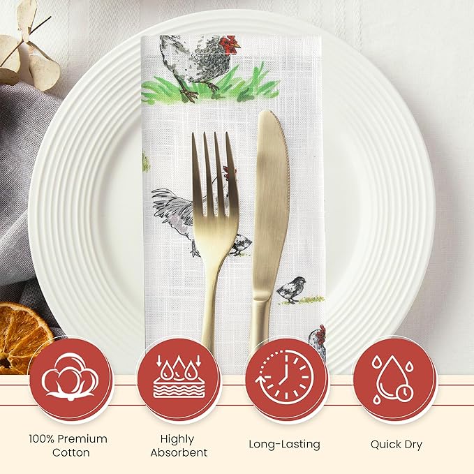 Vintage Vista Cotton Cloth Napkins Set of 4 (17" x 17") - Digital Printed Table Napkins Cloth Washable & Reusable for Everyday Use, Christmas, Thanksgiving, Halloween & More - (Green Chicken)