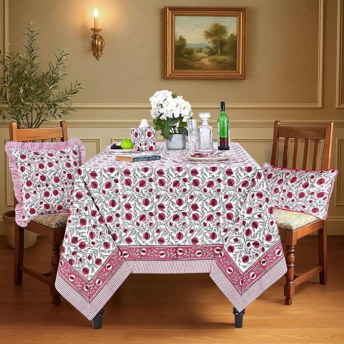 Ridhi Hand Block Print Sangria Red Rectangle Cotton Tablecloth 160" x 72" Reusable Table Cover Decorative Everyday Use for Dining, Farmhouse, Home Gift for Spring, Easter, Valentine