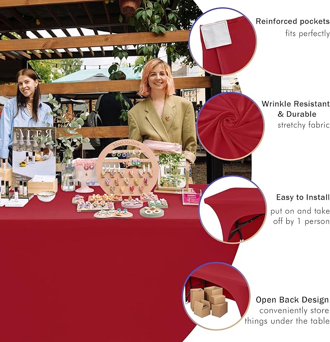Nasitos 2 Pack Fitted Red Tablecloth-Spandex Table Covers for 8 Foot Table, Open Back Folding Table Cover Washable and Wrinkle Resistant for Parties, Buffet, Wedding, Banquet, Festival