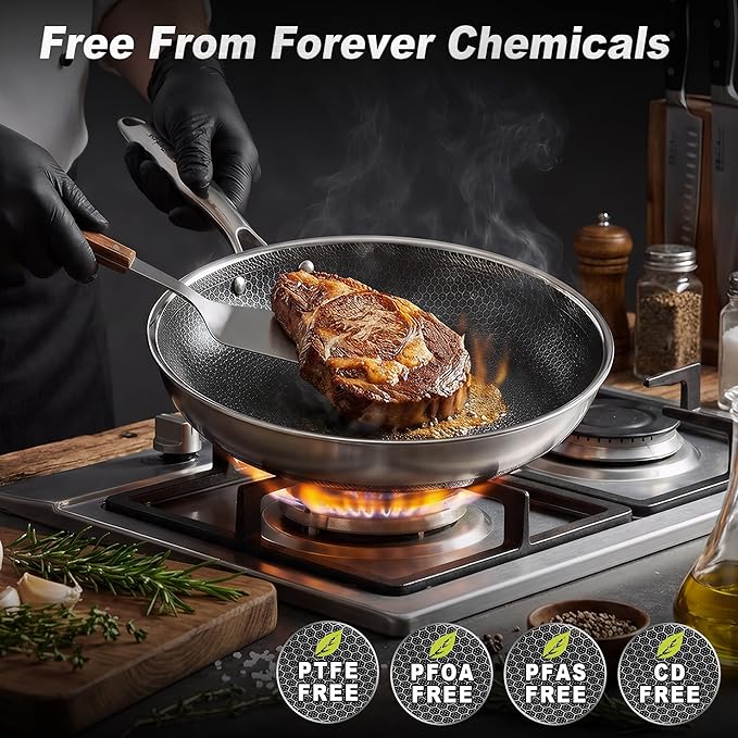 10 Inch Non-Stick Frying Pan with Lid Tri-Ply Stainless Steel Pan with Stay-Cool Handle Oven & Dishwasher Safe For Induction, Ceramic & Gas Stovetops