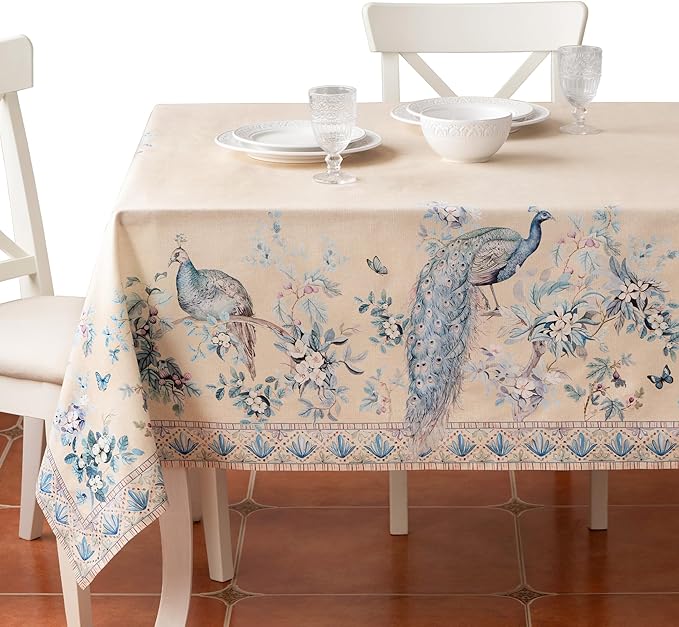 Maison d' Hermine Premium Table Cloth Rectangle Table 100% Combed Cotton 140 x 70 Inches Tablecloth Reusable Decorative for Dining Room, Home, Party, Festive & Wedding - Peacock Utopia - Sandy Beach