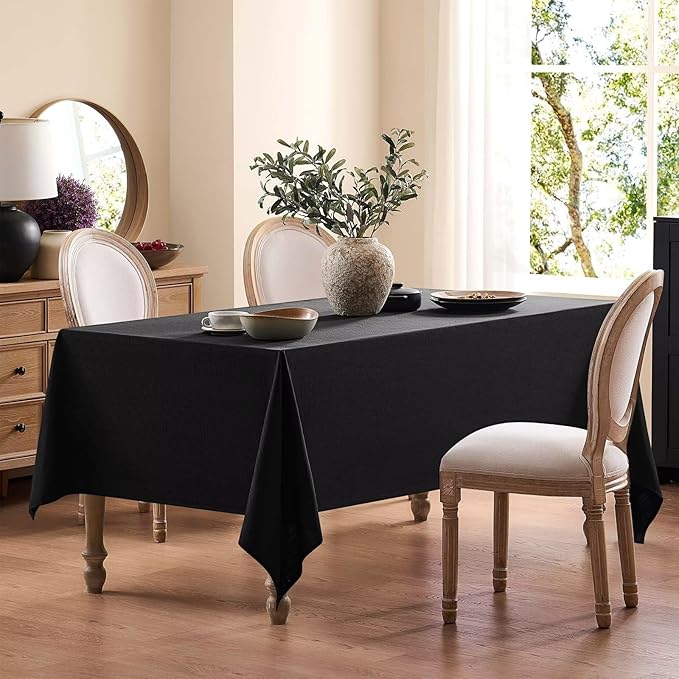 Faux Linen Tablecloths for Rectangle Tables, Burlap Textured Table Cloths Washable Farmhouse Table Cover Water Resistant for Dining, Wedding, Outdoor(Black, 60"×104")