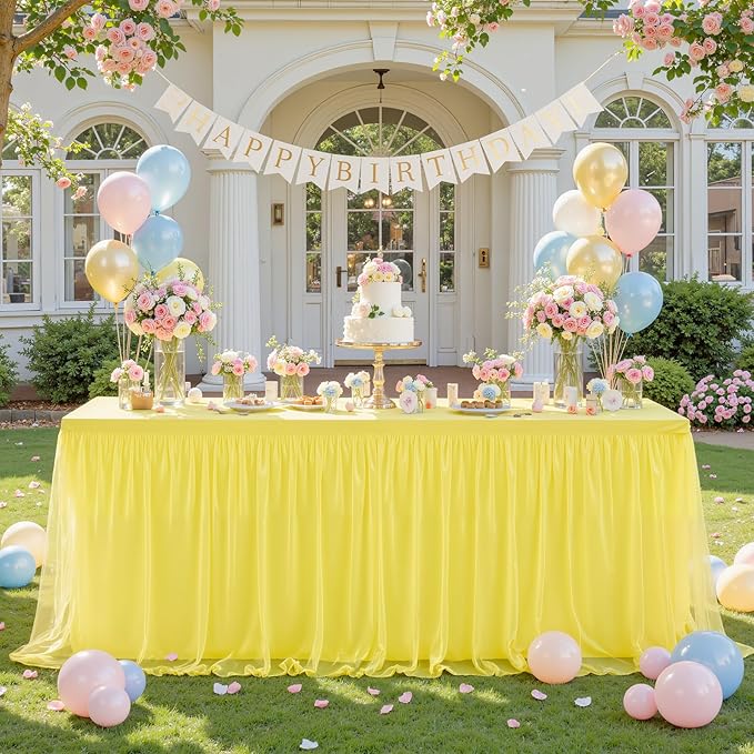 4 Pack Yellow Tulle Tablecloth for 6 Foot Rectangular Tables 6ft Yellow Rectangle Table Cloths Wrinkle Free Table Cover with Tutu Skirt for Birthday Cocktail Banquet Buffet Lemon Fruit Party Decor