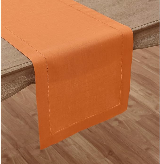 Solino Home Linen Pumpkin Table Runner 120 Inches Long - 100% Pure Linen Hemstitch 14 x 120 Inch Table Runner for Dining - Classic Hemstitch