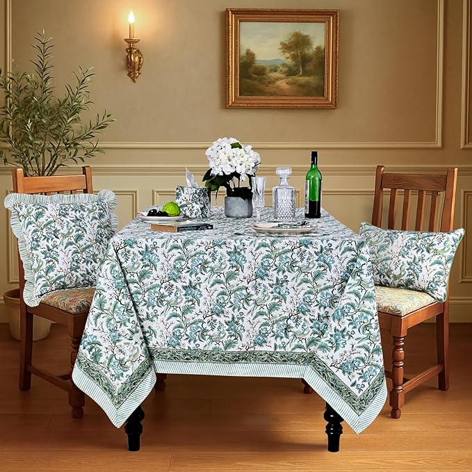 Ridhi Hand Block Print Sage Russian Green Rectangle Cotton Tablecloth 190" x 72" Reusable Table Cover Decorative Everyday Use for Dining, Farmhouse, Home Gift for Spring, Easter, Valentine