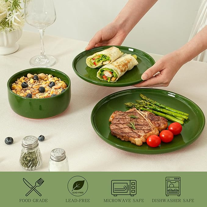 10.25-Inch Dinner Plates Set of 4, Dual Glaze Stoneware Plates, Microwave and Dishwasher Safe, Ceramic Plates for Everyday Dining, Forest Glaze Green