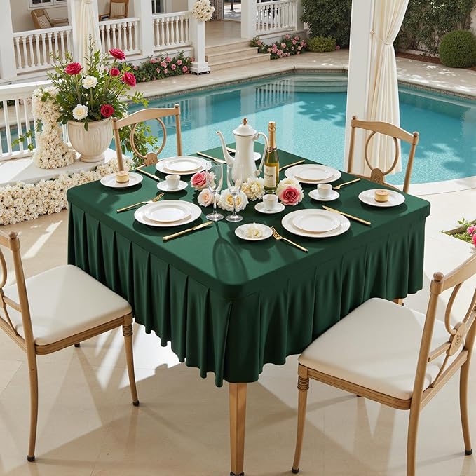 Wish Care Hunter Green Spandex Tablecloths for 48x48 Inch Square Tables, Stretch Fitted Table Clothes with Pleated Ruffle Skirt for 48” Table, Wrinkle Free and Elastic, for Party Kitchen Home Dining