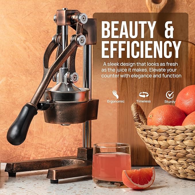Zulay Kitchen Cast Iron Juicer - Easy-to-Clean Heavy-Duty Manual Juicer, Professional Citrus Juicer - Stainless Steel Lemon Squeezer - Manual Citrus Press & Orange Squeezer - Orange Juicer (Copper)