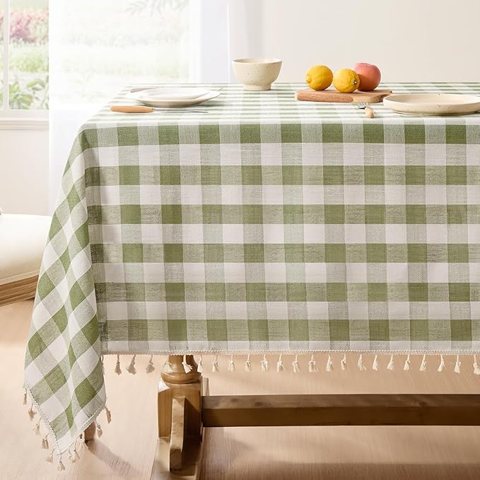 Softalker Spring Checkered Tablecloth Rectangle, Outdoor Linen Cotton Gingham Table Cloth with Tassel, Heavy Duty Wrinkle Free Buffalo Plaid Table Cover for Easter Dining Home - 55 x 84 Inch, Sage