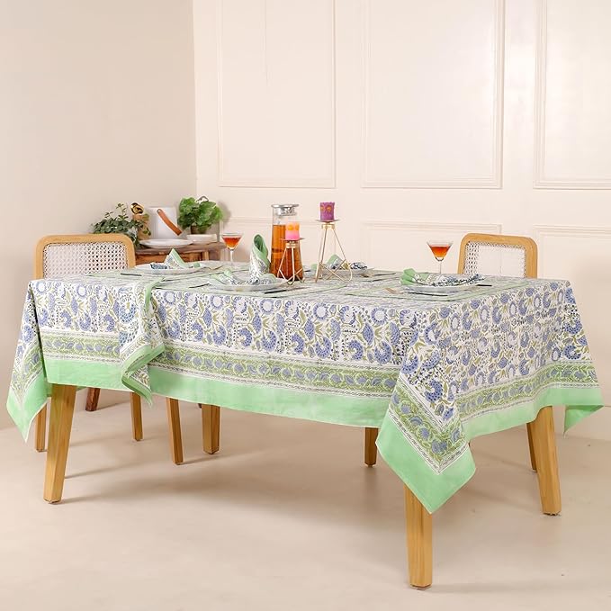Hand Block Printed Table Cover - Exquisite Design, Premium Cotton Fabric, Perfect for Dining and Decor, Dining Table Linen (Moss Green, 14 Seater 72 x 160 Inches Rectangle)