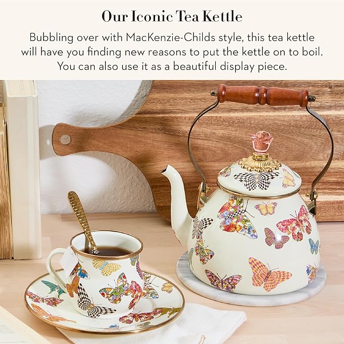 MACKENZIE-CHILDS Enamel Tea Kettle, Cute Kitchen Kettle for Stovetop, 2-Quart Capacity, Butterfly Garden