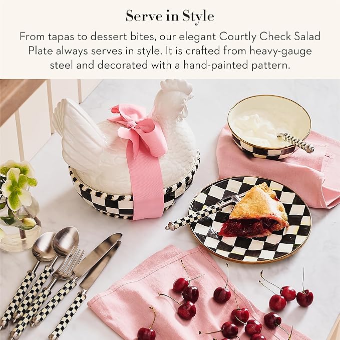 MACKENZIE-CHILDS Enamel Salad and Dessert Plate, Small Plate for a Dessert or Appetizer Dish, 8 Inches, Black-and-White Courtly Check