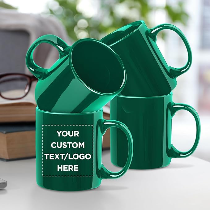Custom Ceramic Coffee Mugs 11 oz. Set of 10, Personalized Bulk Pack - Coffee cup set, Iced coffee cup, Gaming mug - Green