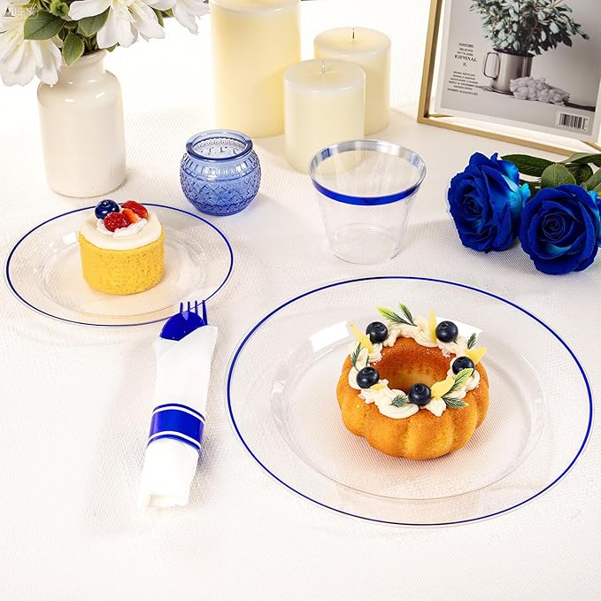 SUT 350 Pcs Blue and Clear Plastic Dinnerware Set for 50 Guests, Include: 50 Dinner Plates, 50 Dessert Plates, 50 Pre Rolled Napkins With Silverware, 50 Cups, Disposable Plates for Party, Wedding