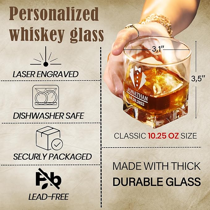 Personalized Engraved Whiskey Glass 10.25 oz – Etched Bourbon Glass with Heavy Base, Old Fashioned Cocktail Glass, Groomsmen & Father’s Day Gift (Whiskey Design 1)