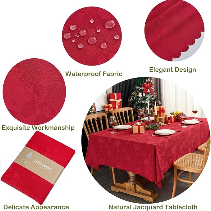 New Year Christmas Tablecloth for Rectangle Table Jacquard Red Tablecloth Waterproof Washable Fabric Table Cover for Kitchen Dinning Buffet Birthday Holiday Party (60X120 in)