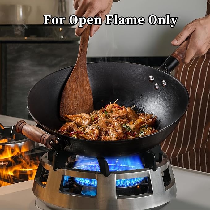 WANGYUANJI 12.6" Cast Iron Wok - Traditional Round Bottom (Requires Wok Ring for Stability) - Uncoated Clay Mold Turtle Texture (Not Cracks) - Authentic Chinese Stir Fry Pan for Gas Stoves