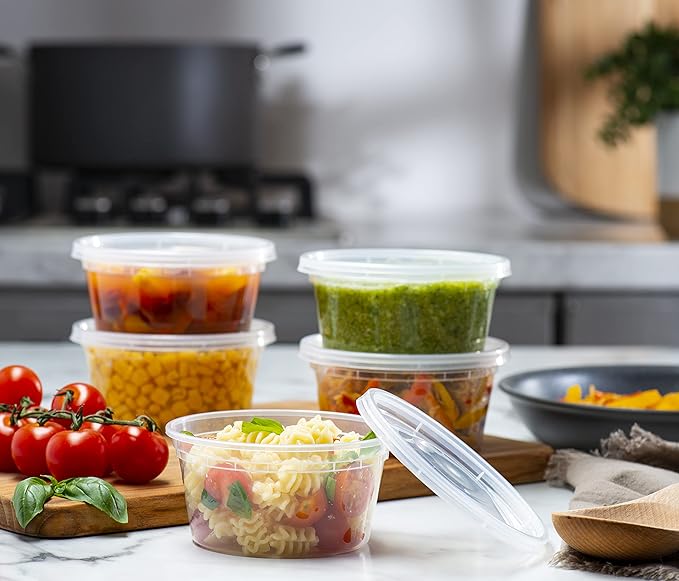 12 OZ - 24 Sets Plastic Deli Food Storage Containers with Airtight Flexible Lids Microwavable, Leak Free, Washable, Freezer Safe.