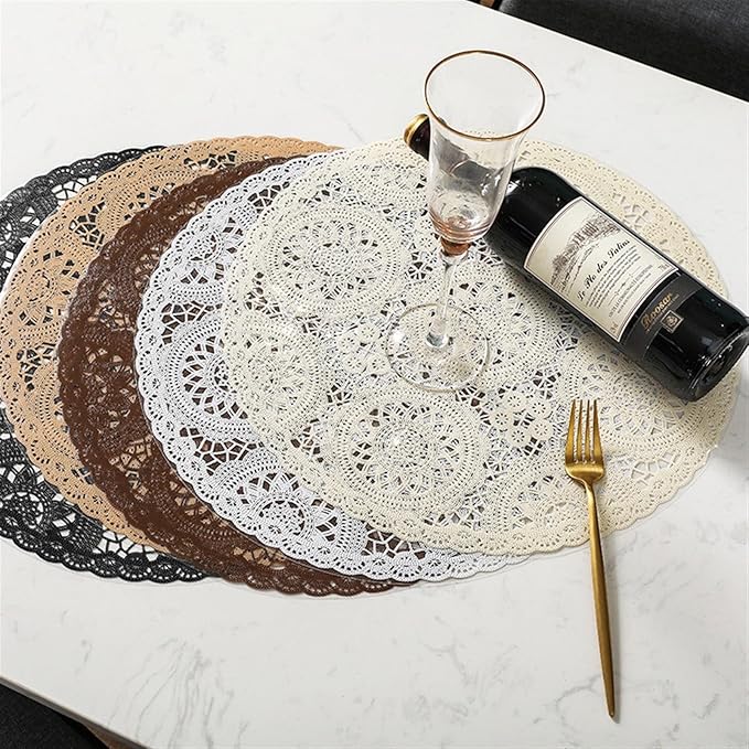 Round Placemats Restaurant PVC Decoration Meal Mat Anti- Dining Table Line Steak Plate Pad(Black)