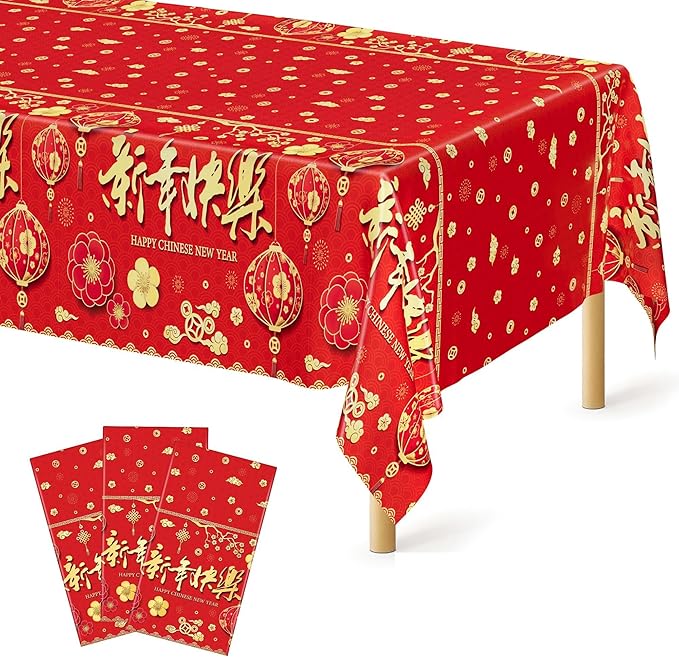 3 Pack Chinese New Year Decorations 2026, 54 x 108 Inches Red Plastic Table Cloths, Disposable Lunar New Year Table Cloth Rectangle Tablecloths Tablecover, Spring Festival Year of the Horse Decor