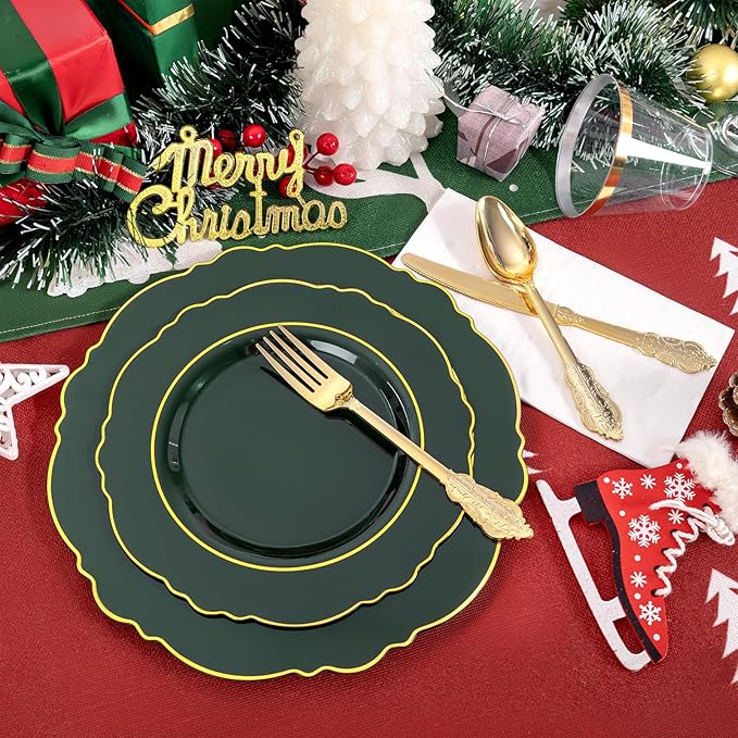 Liacere 350PCS Green Plastic Plates - Dark Green Disposable Plates With Gold Rim - 50Guest Baroque Plastic Dinnerware include 100Plates-50Pcs Pre Rolled Napkins with Silverware 50Cups for Christmas